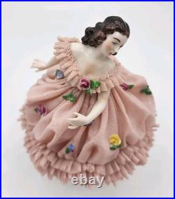 Early RARE Antique German Mueller Volksted Dresden Lace Ballerina Pink Figurine