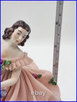 Early RARE Antique German Mueller Volksted Dresden Lace Ballerina Pink Figurine