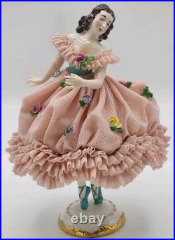 Early RARE Antique German Mueller Volksted Dresden Lace Ballerina Pink Figurine