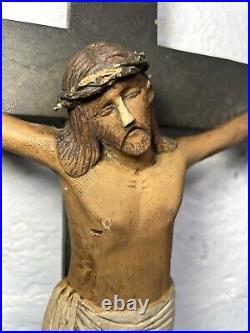 Early Rare Antique 1850s Carved Wood Crucifix Religious 19th Century AAFA 29