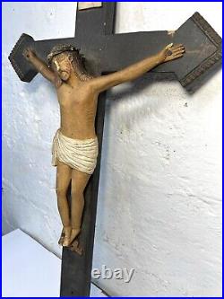 Early Rare Antique 1850s Carved Wood Crucifix Religious 19th Century AAFA 29