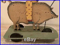 Early Rare Antique Americana Clown Pig Rider Pull Toy Htf Great Condition