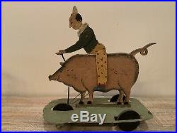 Early Rare Antique Americana Clown Pig Rider Pull Toy Htf Great Condition
