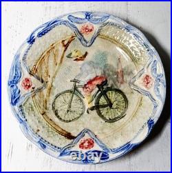 Early Rare Original Antique Majolica Pottery Cycle Bicycle Cyclist Platter Plate