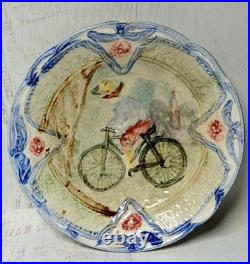 Early Rare Original Antique Majolica Pottery Cycle Bicycle Cyclist Platter Plate