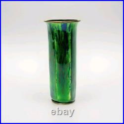 Early Rare Unusual Antique Art Deco Enamel Brass Bud Vase Striated Lime Green 5