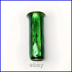 Early Rare Unusual Antique Art Deco Enamel Brass Bud Vase Striated Lime Green 5