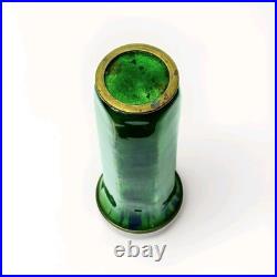 Early Rare Unusual Antique Art Deco Enamel Brass Bud Vase Striated Lime Green 5