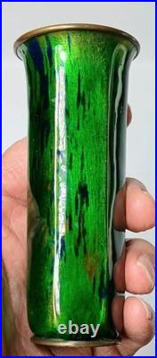 Early Rare Unusual Antique Art Deco Enamel Brass Bud Vase Striated Lime Green 5