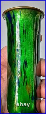 Early Rare Unusual Antique Art Deco Enamel Brass Bud Vase Striated Lime Green 5