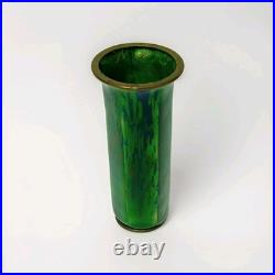 Early Rare Unusual Antique Art Deco Enamel Brass Bud Vase Striated Lime Green 5
