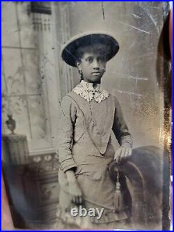 Early Tintype Photograph Pretty Young African American Girl Hat Rare Antique
