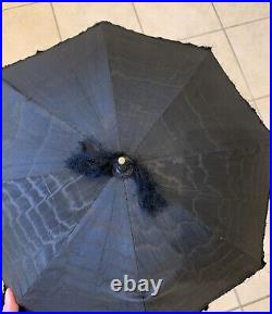 Early to Mid Victorian Folding Black Silk Parasol VGC Turned Ebony Handle Rare