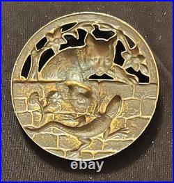 Ex Rare Antique FRENCH REPOUSSE CAT & Lizard brass button, ca, 1890s/early 1900