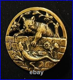 Ex Rare Antique FRENCH REPOUSSE CAT & Lizard brass button, ca, 1890s/early 1900