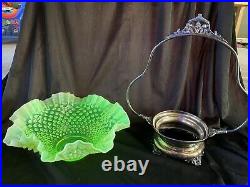 Extremely Rare Fenton Uranium Glass Brides Basket Vaseline Glass Early 1900s