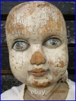 Extremely Rare Wooden Early Antique Folk Art Doll 50cm/20 Inches As Found