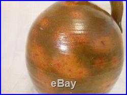 Great Early American Redware Ovoid Jug, Gray-Green Glaze, Peach Spots, Rare