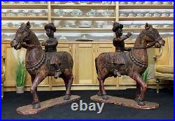LARGE RARE PAIR EARLY 19thc ASIAN POLYCHROME CARVED HORSES WITH MUGHAL RIDERS