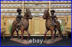 LARGE RARE PAIR EARLY 19thc ASIAN POLYCHROME CARVED HORSES WITH MUGHAL RIDERS