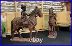 LARGE RARE PAIR EARLY 19thc ASIAN POLYCHROME CARVED HORSES WITH MUGHAL RIDERS