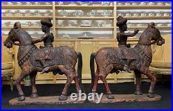 LARGE RARE PAIR EARLY 19thc ASIAN POLYCHROME CARVED HORSES WITH MUGHAL RIDERS