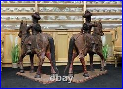 LARGE RARE PAIR EARLY 19thc ASIAN POLYCHROME CARVED HORSES WITH MUGHAL RIDERS