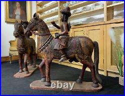 LARGE RARE PAIR EARLY 19thc ASIAN POLYCHROME CARVED HORSES WITH MUGHAL RIDERS