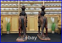 LARGE RARE PAIR EARLY 19thc ASIAN POLYCHROME CARVED HORSES WITH MUGHAL RIDERS