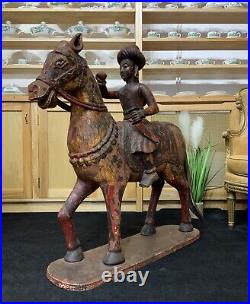LARGE RARE PAIR EARLY 19thc ASIAN POLYCHROME CARVED HORSES WITH MUGHAL RIDERS