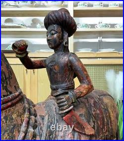LARGE RARE PAIR EARLY 19thc ASIAN POLYCHROME CARVED HORSES WITH MUGHAL RIDERS