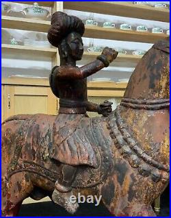 LARGE RARE PAIR EARLY 19thc ASIAN POLYCHROME CARVED HORSES WITH MUGHAL RIDERS