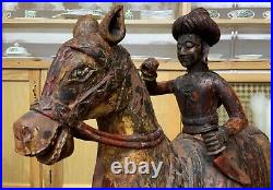 LARGE RARE PAIR EARLY 19thc ASIAN POLYCHROME CARVED HORSES WITH MUGHAL RIDERS