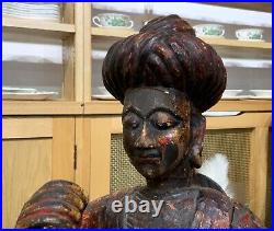 LARGE RARE PAIR EARLY 19thc ASIAN POLYCHROME CARVED HORSES WITH MUGHAL RIDERS