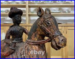 LARGE RARE PAIR EARLY 19thc ASIAN POLYCHROME CARVED HORSES WITH MUGHAL RIDERS