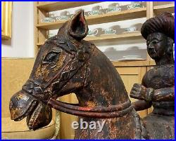 LARGE RARE PAIR EARLY 19thc ASIAN POLYCHROME CARVED HORSES WITH MUGHAL RIDERS