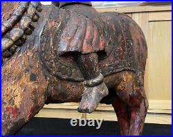 LARGE RARE PAIR EARLY 19thc ASIAN POLYCHROME CARVED HORSES WITH MUGHAL RIDERS