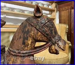 LARGE RARE PAIR EARLY 19thc ASIAN POLYCHROME CARVED HORSES WITH MUGHAL RIDERS