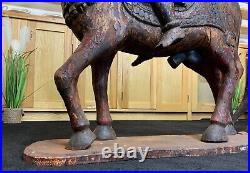 LARGE RARE PAIR EARLY 19thc ASIAN POLYCHROME CARVED HORSES WITH MUGHAL RIDERS