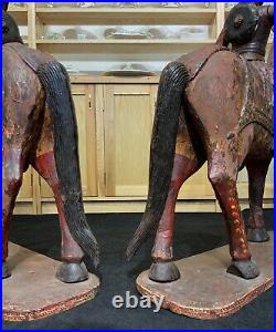 LARGE RARE PAIR EARLY 19thc ASIAN POLYCHROME CARVED HORSES WITH MUGHAL RIDERS