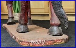 LARGE RARE PAIR EARLY 19thc ASIAN POLYCHROME CARVED HORSES WITH MUGHAL RIDERS