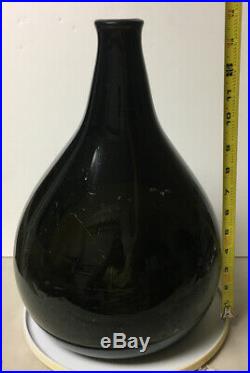 Lg Rare Early Apothecary Pearshape Bulbous Dark Glass Bottle Globe Painted Label