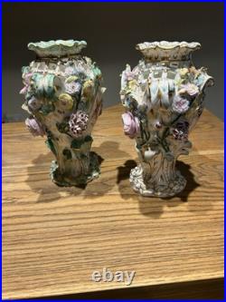 Minton Flower Encrusted Porcelain Vases c1830 Hand Painted & Gilt, Rare Pair