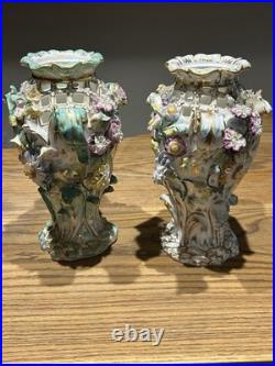 Minton Flower Encrusted Porcelain Vases c1830 Hand Painted & Gilt, Rare Pair