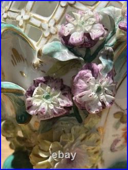 Minton Flower Encrusted Porcelain Vases c1830 Hand Painted & Gilt, Rare Pair