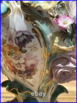 Minton Flower Encrusted Porcelain Vases c1830 Hand Painted & Gilt, Rare Pair