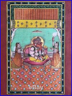 Original Rare Indian Miniature Painting Ganesha with Wives Early 20th Centuary