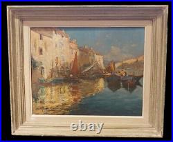 Painting Port Oil Marina Boats Original Signed Antique Impressionism Framed Rare