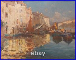 Painting Port Oil Marina Boats Original Signed Antique Impressionism Framed Rare