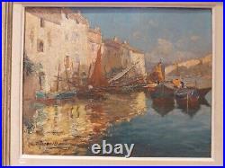 Painting Port Oil Marina Boats Original Signed Antique Impressionism Framed Rare